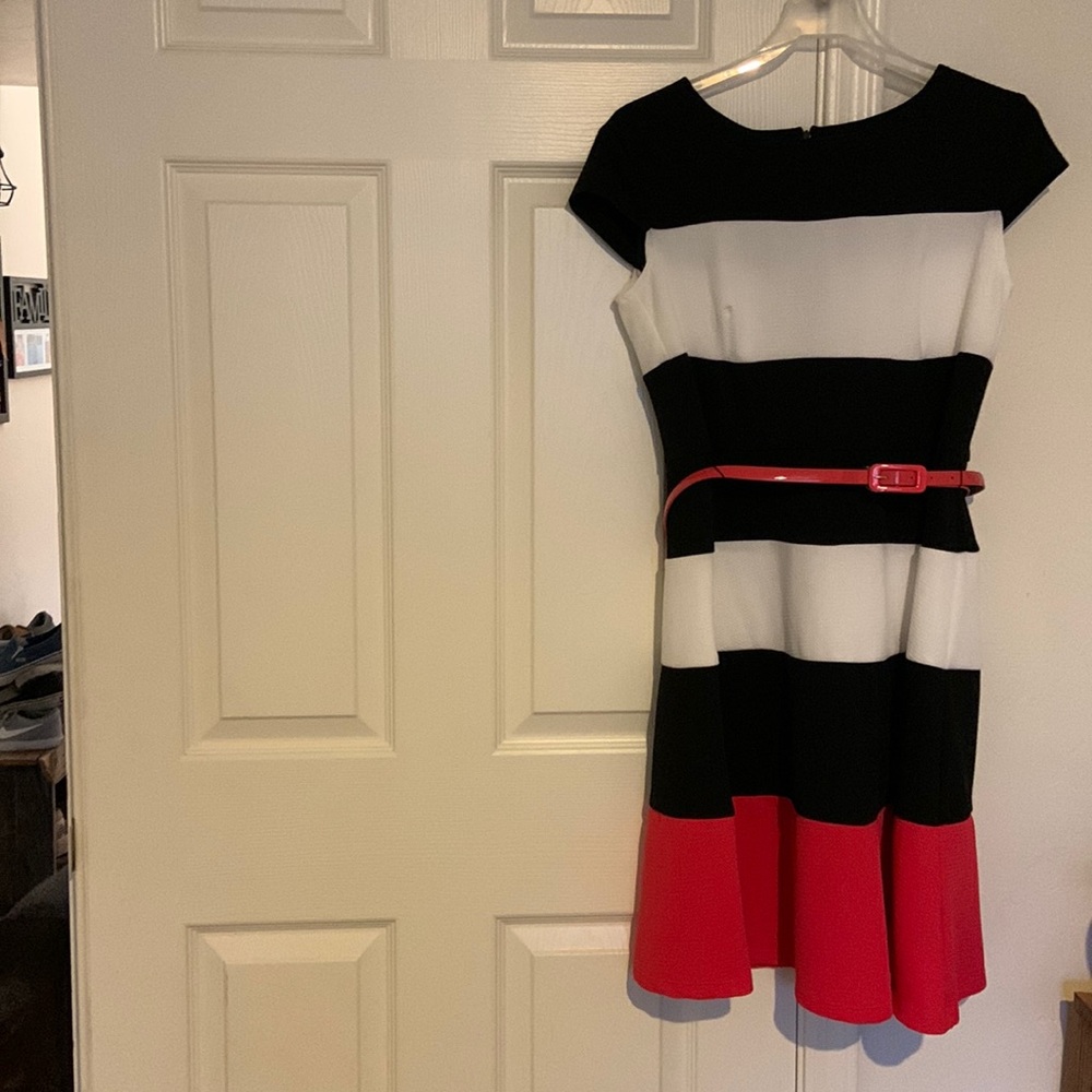 Adorable dress with black, white & fuchsia pink stripes
